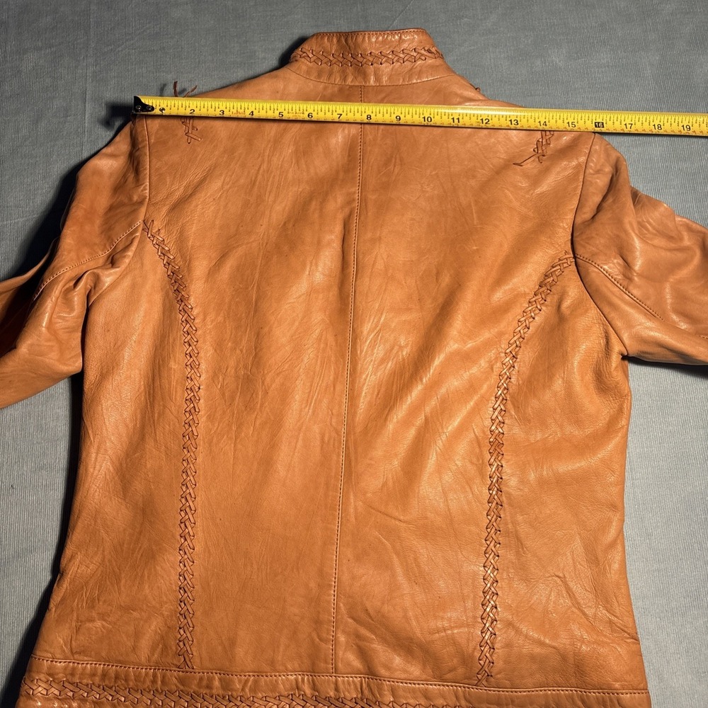 Cole Haan Collection Tan Lambskin Leather Whipstitch Moto Jacket Womens Medium - Picture 12 of 16